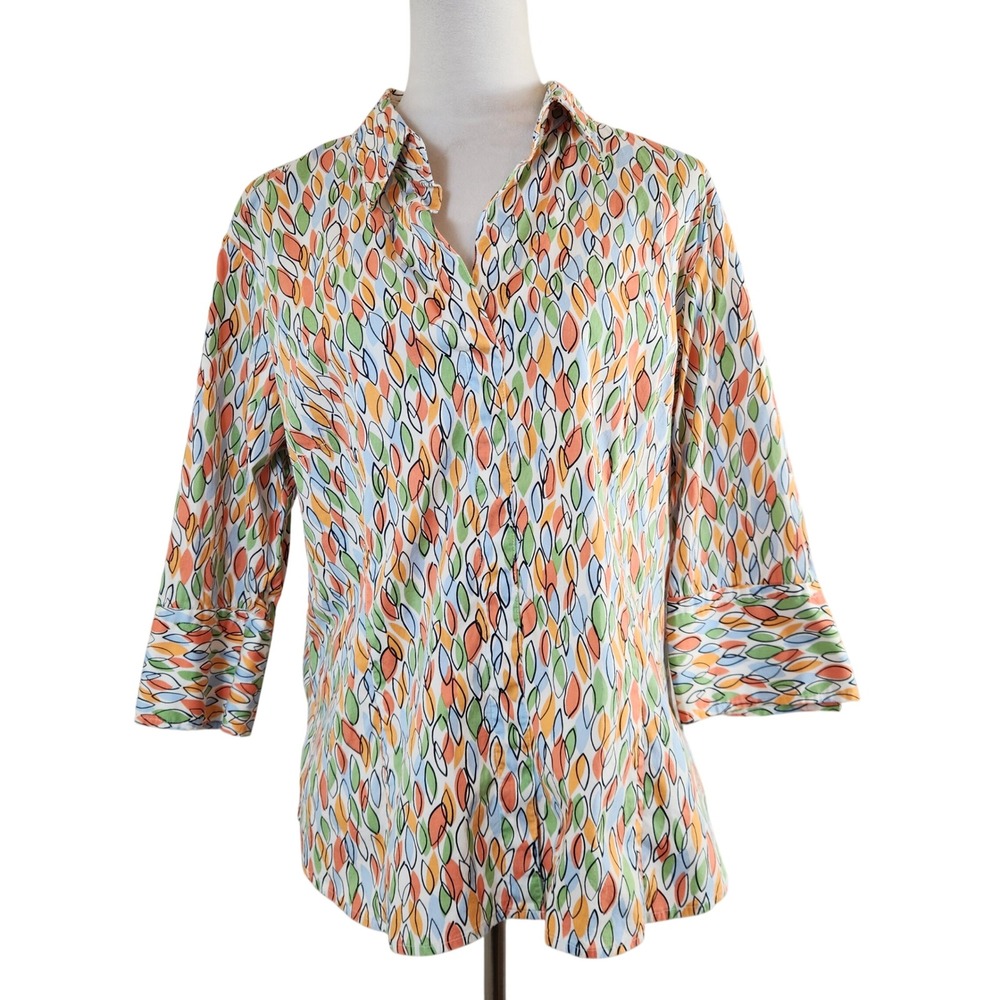 Talbots Womens XL Stretch Cotton Button Up Shirt Leaf Print 3/4 Sleeve Top‎